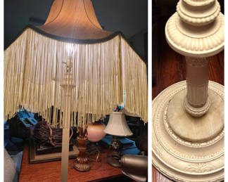 This beautiful floor lamp will add style to even the most boring room!!! GREAT shade with fringe and a simply gorgeous metal base