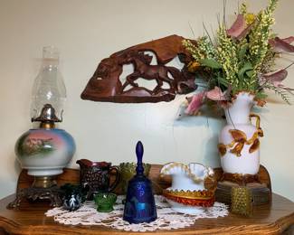 Oil lamp, Fenton bell, Stevens & Williams vase/pitcher
