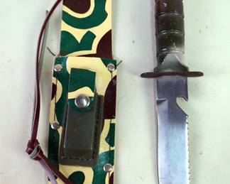 Taiwan Survival Knife With Compass, Matches, Fishing Hooks, And More In Handle, 5.75" Blade With Serrated Back, In Camo Holster With Whetstone 
