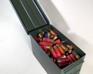 12 ga Ammo Assortment, Brands Include Remington, Winchester, Federal, Peters, Fiocchi, And More, Approx 169 Rds, In Metal Ammo Can 11.75" X 7.25" X 6"