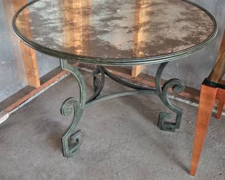 Greek key table mirrored top, metal finish 36" diameter
