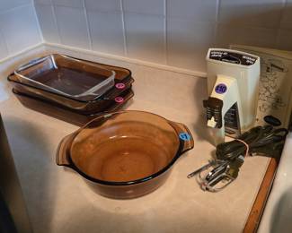 Sunbeam hand mixer, glass bakeware