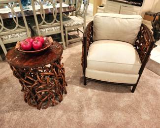 Palecek rattan woven chair and occasional table 