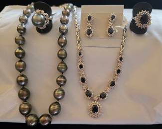 Tahitian 18k South Sea (14.5 mm) pearl necklace, 14k Tahitian ring, 18k sapphire and diamond necklace and earrings, 14k sapphire and diamond ring