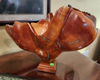 Wooden sculpted bowl, signed by artist