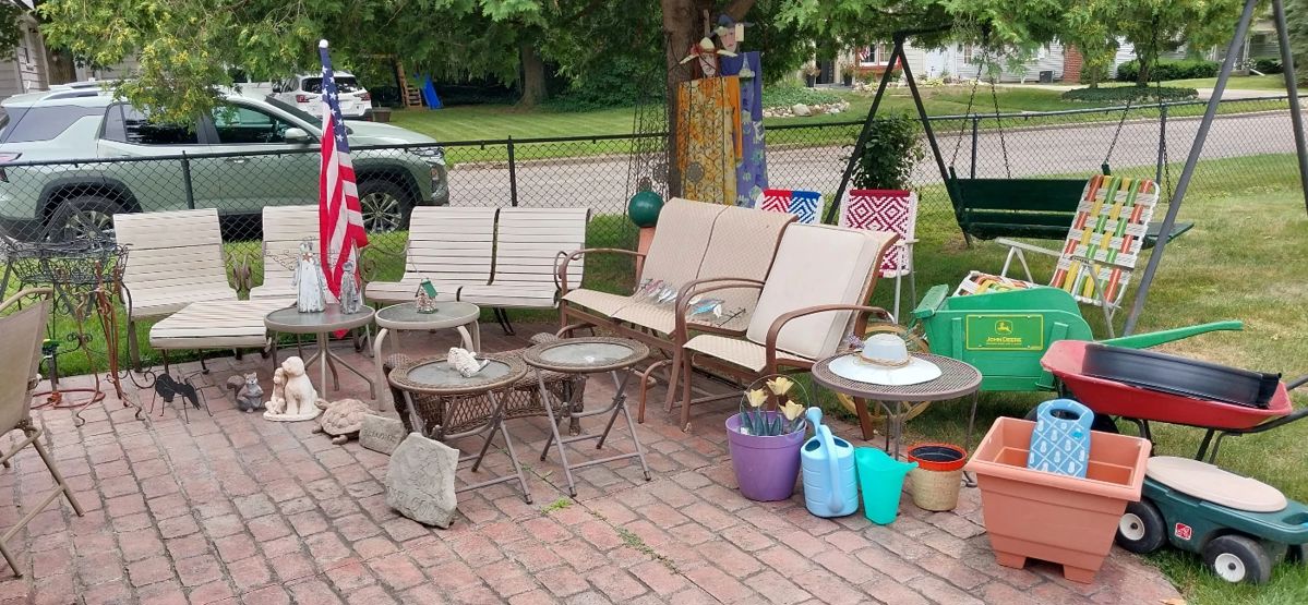 Woodard patio set, bench swing, garden, planters, garden decor, folding chairs, wheelbarrow, gazing ball, lawn chairs