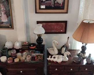 Yankee candles, ducks, geese, lamps, wall art, , buffet and dry sink