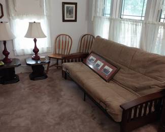 futon, lamps, side tables