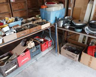 plumbing supply, pots pans, Tupperware, milk crates