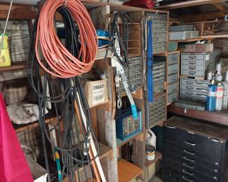 extension cords, hardware, bins