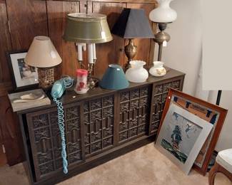 low book case, vintage lamps