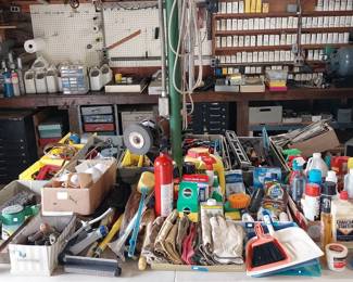 bench grinder, cleaning supplies, garden supplies, tools, hardware, storage bins