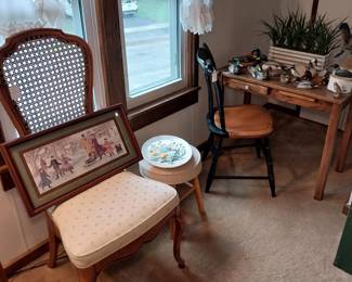 Hitchcock chair, duck decor, desk, stool