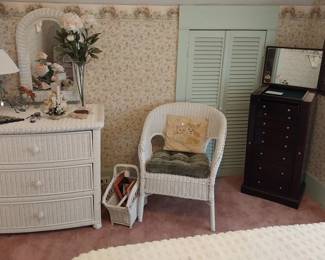 wicker dresser, chair, book basket, jewelry chest