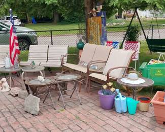 Woodard patio set, bench swing, garden, planters, garden decor, folding chairs, wheelbarrow, gazing ball, lawn chairs