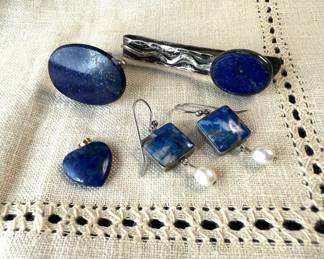 14k585 Link W Lapis Heart Pendant,  Lapis Earrings Cuff Link  Money Clip