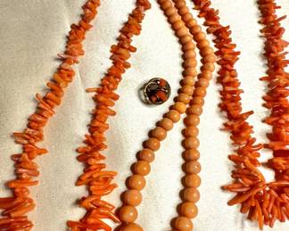 Two Branch Coral And Coral Glass Beaded Necklaces
