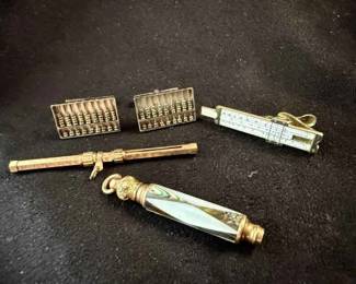 19thc Inlaid MOP Chatelaine, Sterling Abacus Cufflinks Slide Ruler Tie Bar