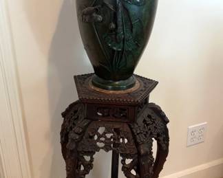 Japanese Art Nouveau Bronze Iris Vase With Chinese Carved Plant Stand