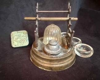 Circa 1880s Antique Inkwell Barometric Ink Stand, Quill Pen  More