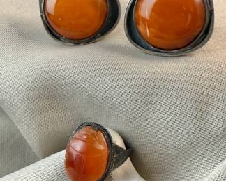 Carved Scarab Ring Midcentury Signed Cufflinks