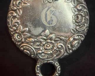 Victorian Silver Repousse Monogram Hand Mirror