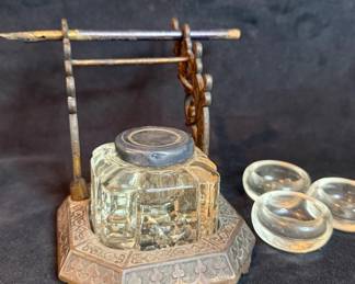Antique Victorian Cast Iron Inkwell Holder, Glass Inkwell Quill