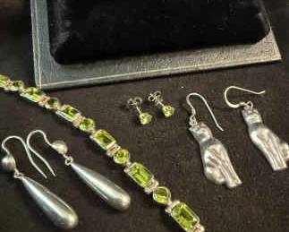 Sterling Earrings, Rings, Green Stone Bracelet, Ring  Earrings