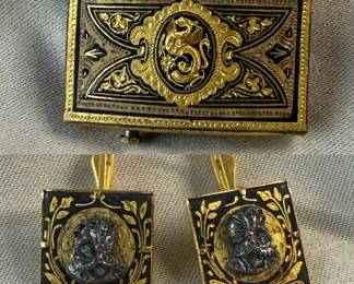 Vintage Damascene 24 kt fine gold, inlaid Knight Cufflinks Belt Buckle