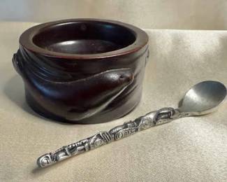 Vintage Native Design Boma Salt Dish W Fine Pewter Spoon