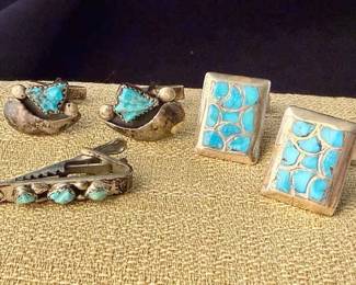 Turquoise Sterling Cuff Links Tie Bar