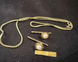 Italy 14k Gold Necklace Cultural Pearl Cuff Links