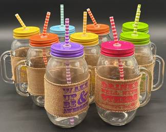(9) Handled Mason Jar Mugs w/ Lids & Straws