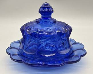 Cherry Thumbprint Cobalt Blue Covered Butter Dish