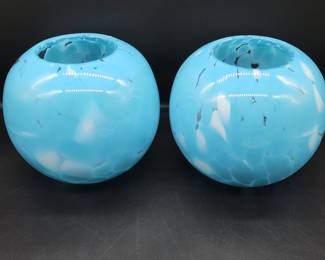 2- Hand Made Blue Blown Glass Bowl Vases