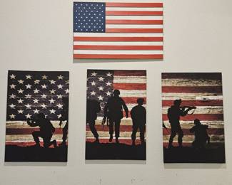 (4) Patriotic: 1-Wooden Flag 3-Canvas Art Soldiers