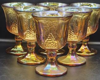 (6) Carnival Glass Marigold Harvest Grape Goblets