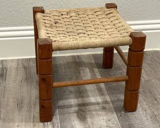 Small Wooden Stool w/ Woven Fiber Seat, 1/2