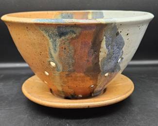 Signed Pierced Pottery Planter Bowl on Under Plate