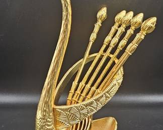 Gilt Gold Swan Spoon Holder w/ 5-Spoons