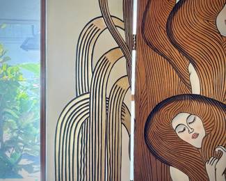 Vintage 1970s Fournier folding screen with etched “The Beethoven Frieze: Longing for Happiness” by Gustav Klimt