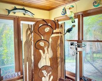 Vintage 1970s Fournier folding screen with etched “The Beethoven Frieze: Longing for Happiness” by Gustav Klimt