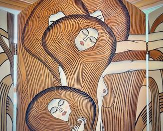 Vintage 1970s Fournier folding screen with etched “The Beethoven Frieze: Longing for Happiness” by Gustav Klimt