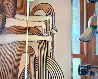 Vintage 1970s Fournier folding screen with etched “The Beethoven Frieze: Longing for Happiness” by Gustav Klimt