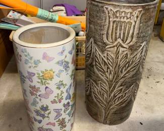 On right, large Brutalist ceramic umbrella stand.