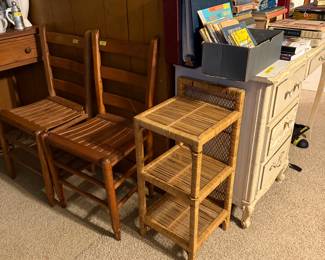 Chairs, desk & wicker shelf