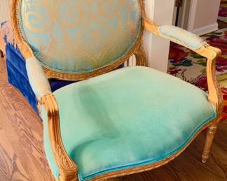 Two turquoise covered French chairs. Make an offer! Highest bid takes two of these home.