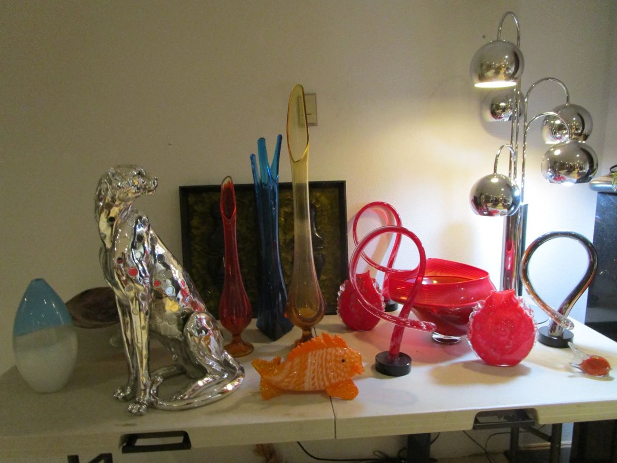 Mid Century Modern swung vases including Blenko, Viking and more. Mid Century chrome lamp