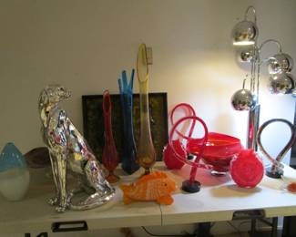 Mid Century Modern swung vases including Blenko, Viking and more. Mid Century chrome lamp