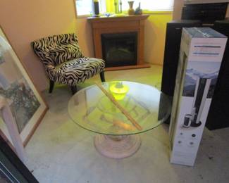 Zebra chair with matching pillow. Garden vintage style end table